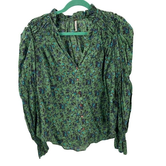 Free People Green/Blue Floral Print Blouse Womens Size M 100% Cotton With Smocke - Picture 3 of 10